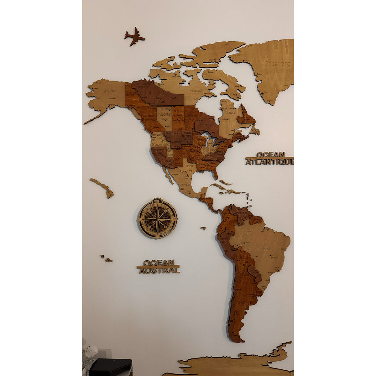 Carte du monde murale 3D en bois – gravure ultra-détaillée, fabrication française
