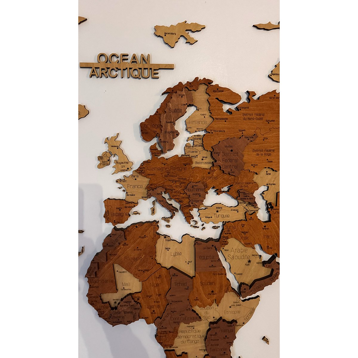 Carte du monde murale 3D en bois – gravure ultra-détaillée, fabrication française