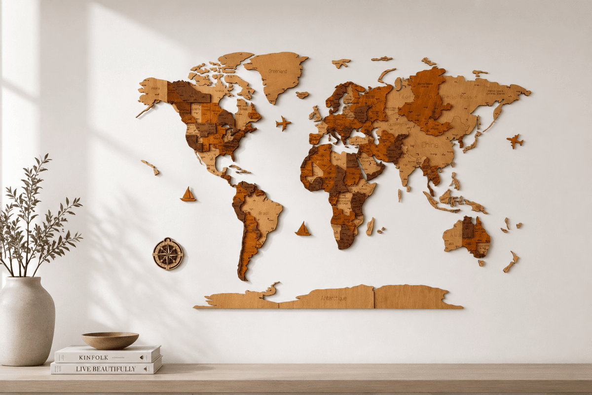 Carte du monde en bois multicouche décoration murale premium