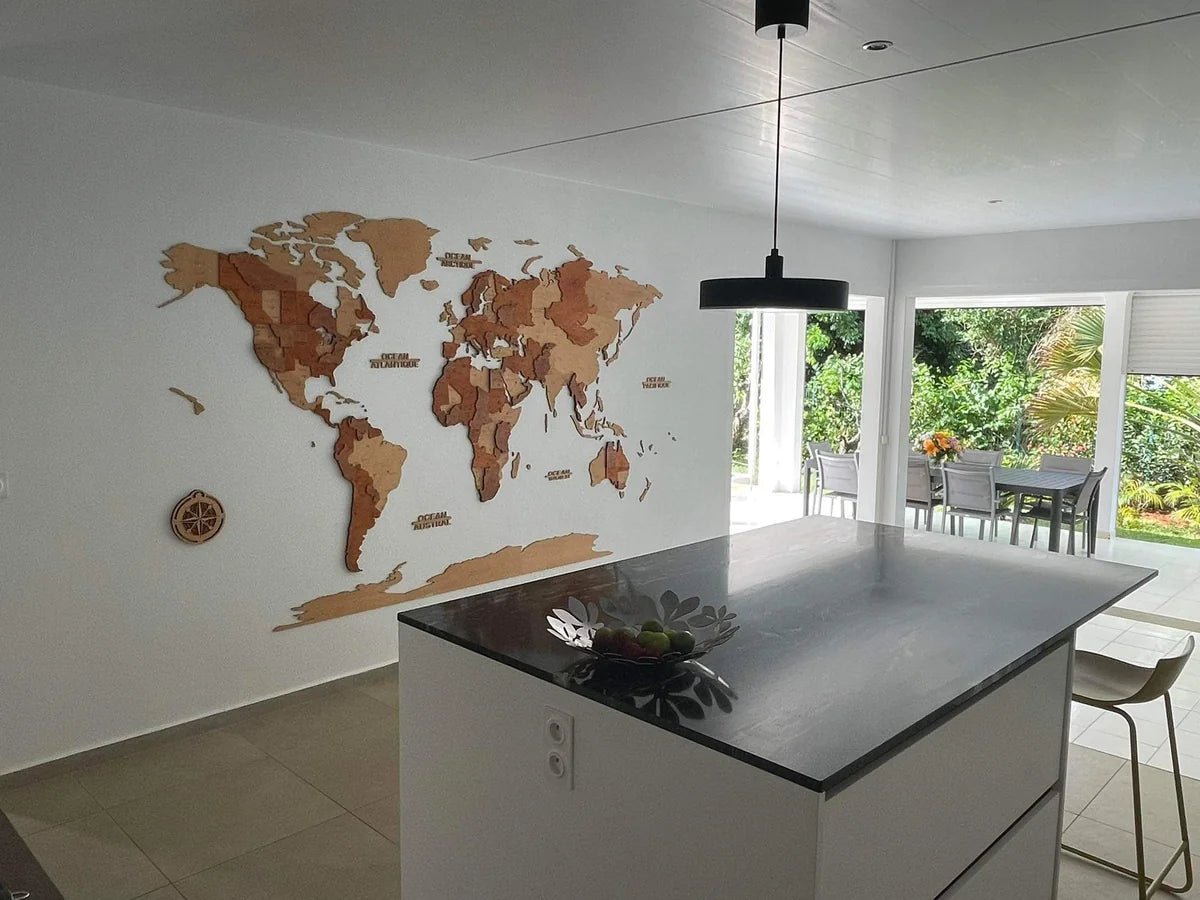 Carte du monde 3D en bois avec relief multicouche artisanal