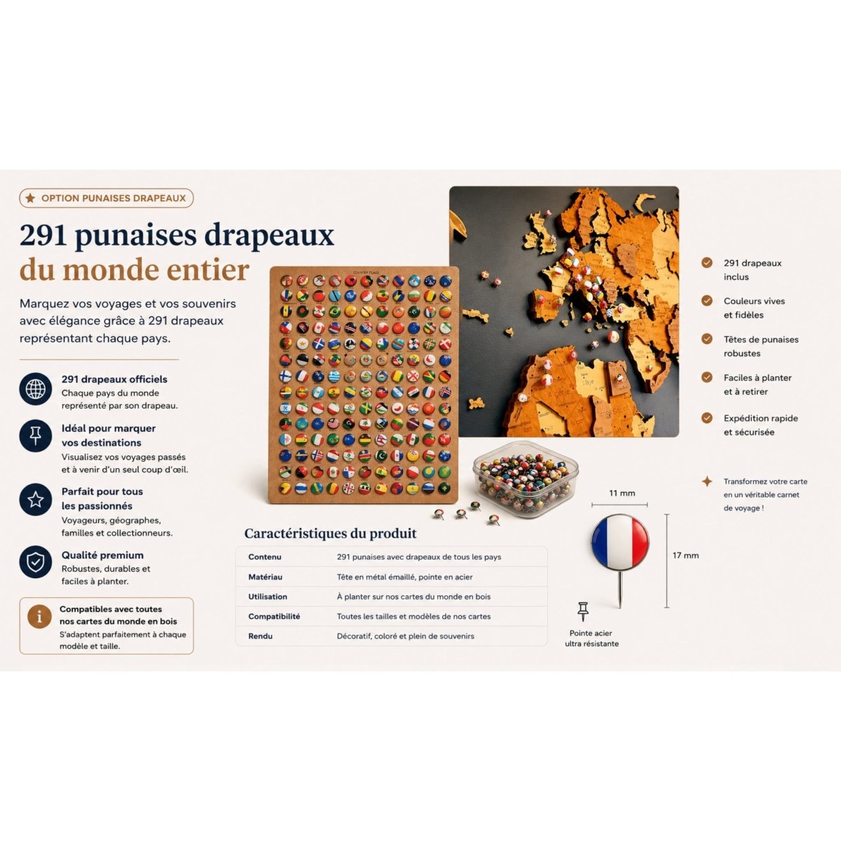 Carte du monde en bois personnalisée avec des punaises drapeaux représentant les pays visités