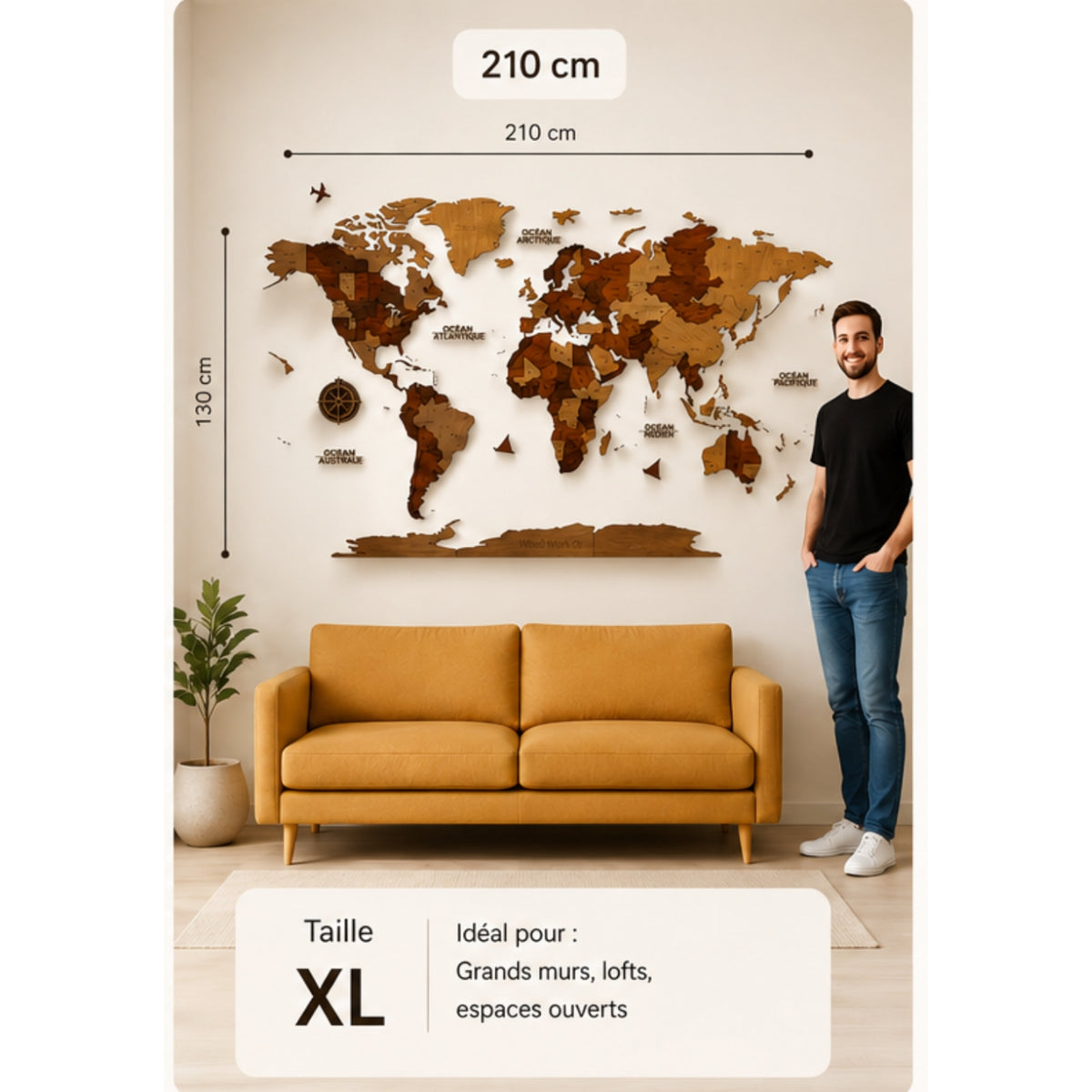 Carte du monde murale en bois installée au-dessus d’un canapé