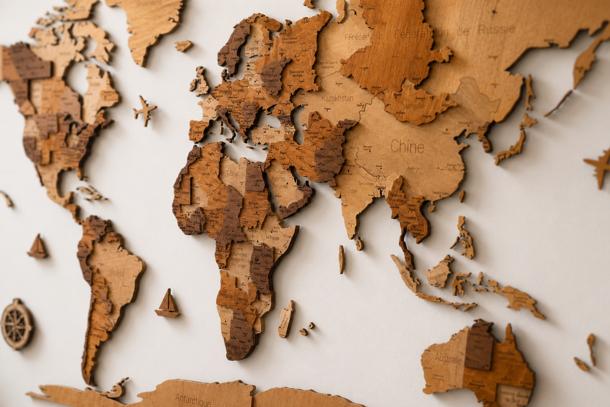 Installation de la carte du monde en bois par une cliente