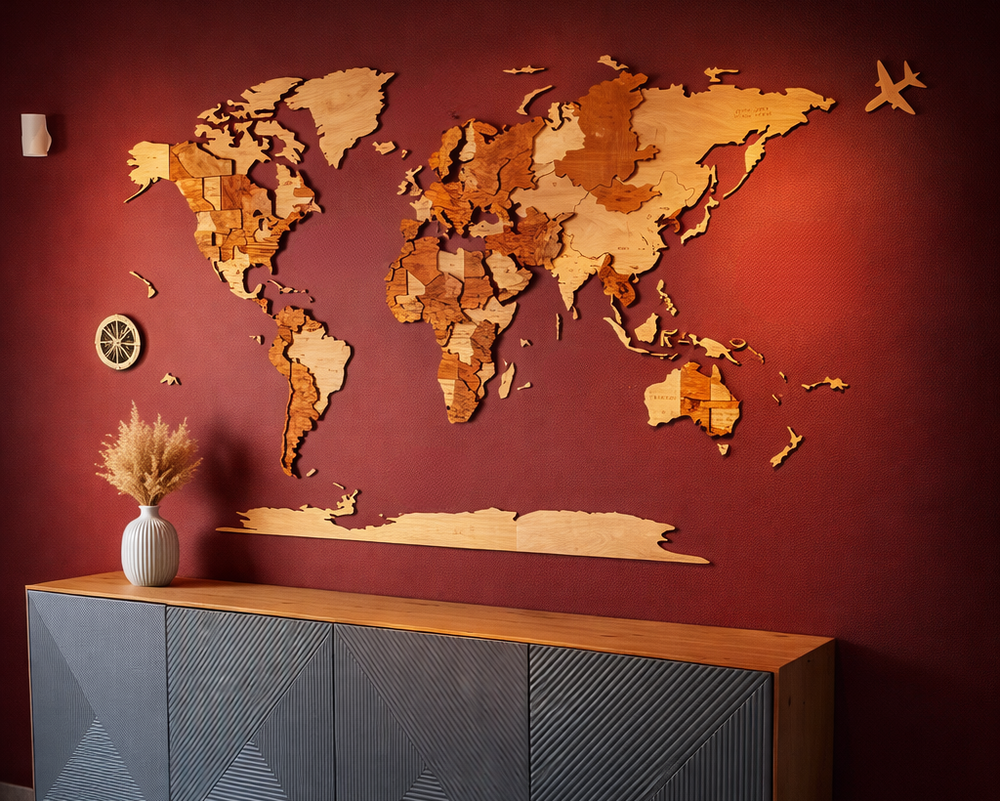 Décoration intérieure avec carte du monde en bois