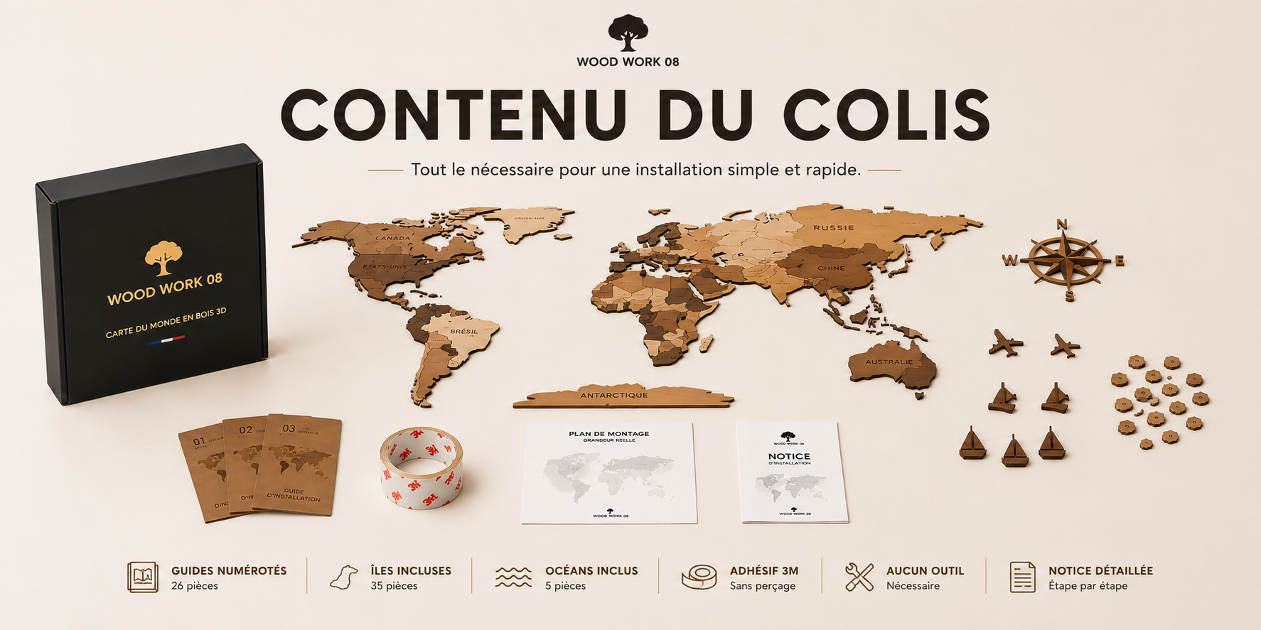 Tout est inclus avec votre carte du monde Wood Work 08