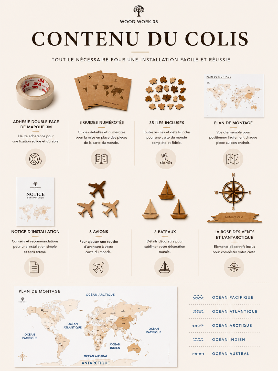 Carte du Monde Murale 3D en Bois – Fabrication Française