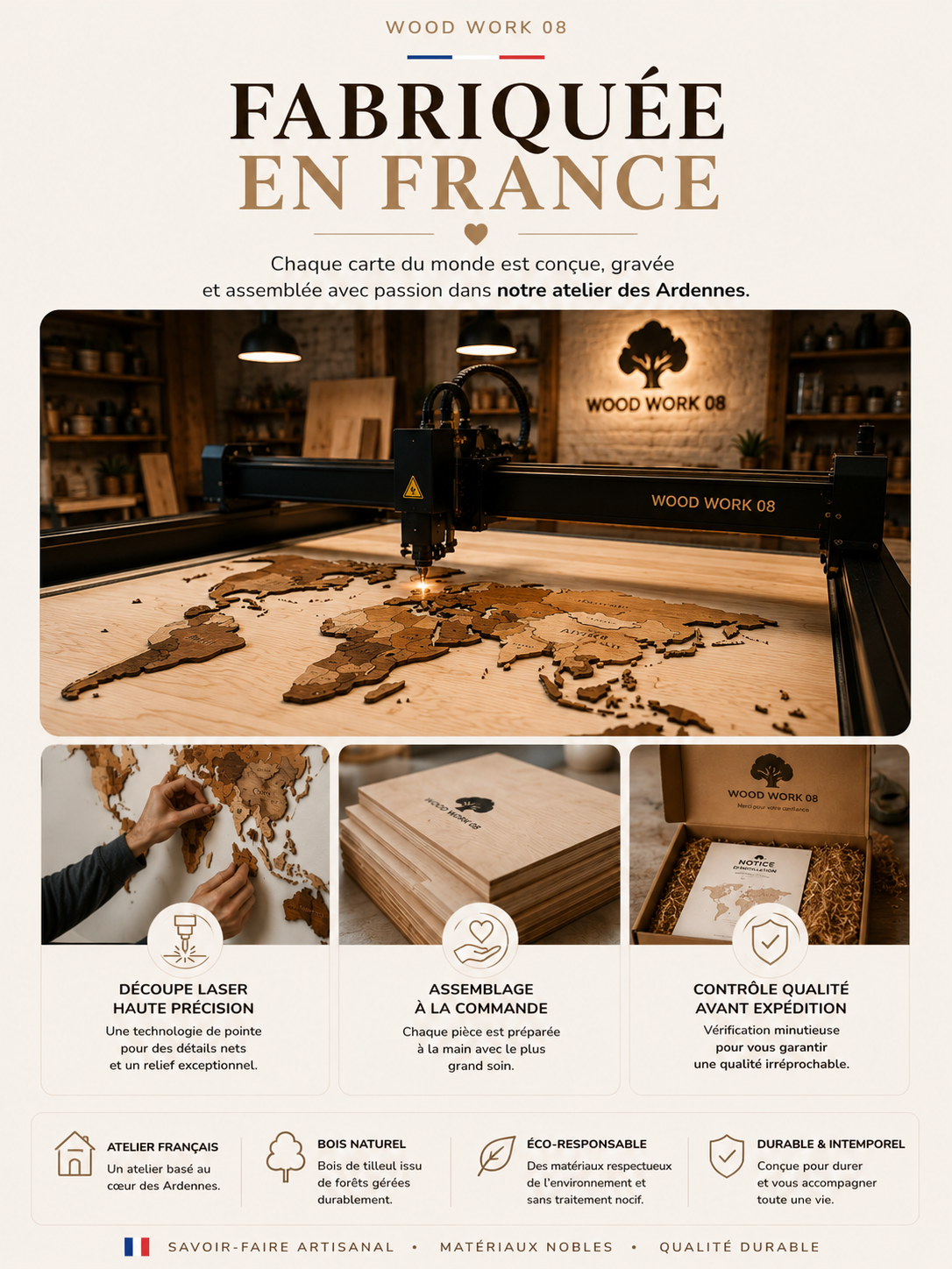 Fabrication artisanale d'une carte du monde en bois en France