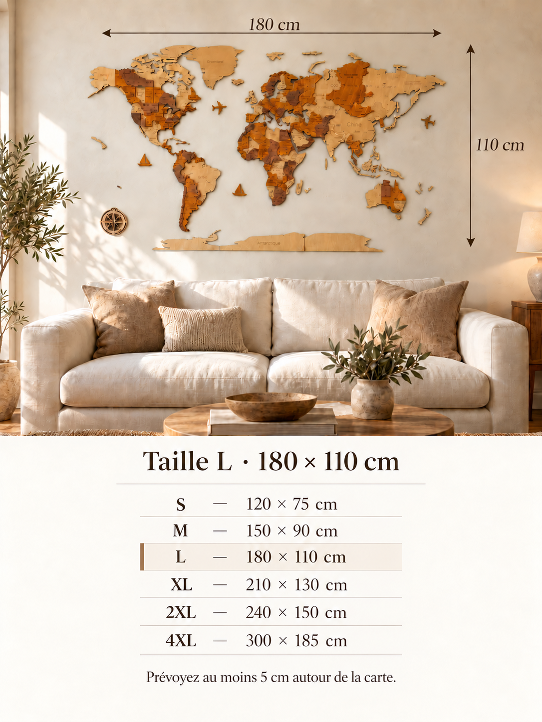 Guide des tailles des cartes du monde murales en bois