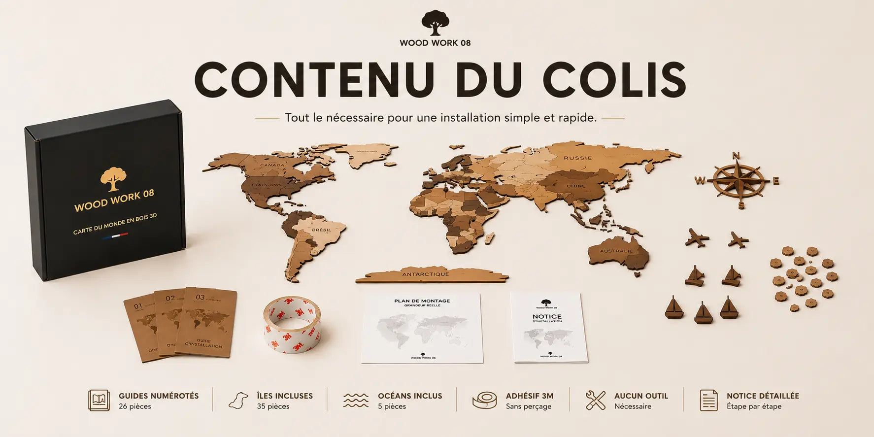 Contenu inclus avec la carte du monde Wood Work 08