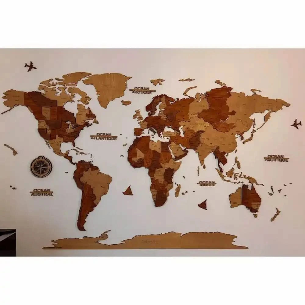 Carte du monde murale 3D en bois – gravure ultra-détaillée, fabrication française -  Wood Work