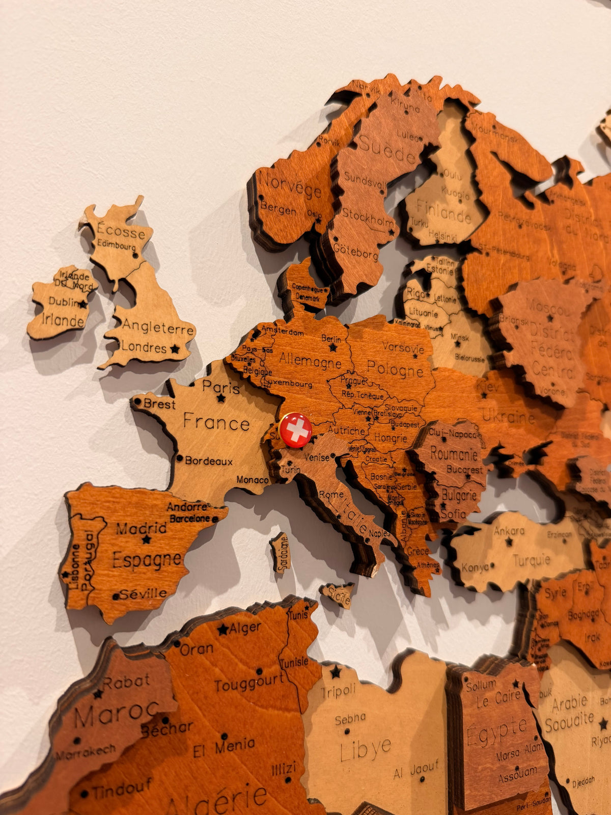 Détail du bois gravé et du relief de la carte du monde