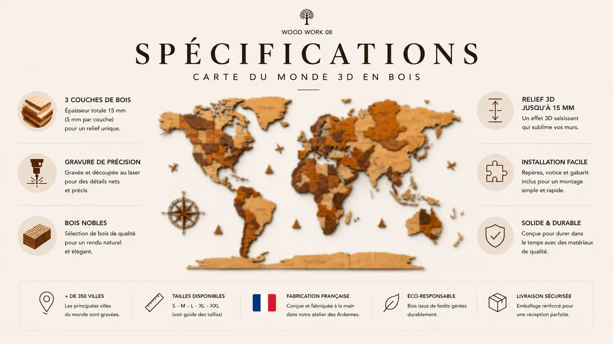 Carte du monde en bois murale