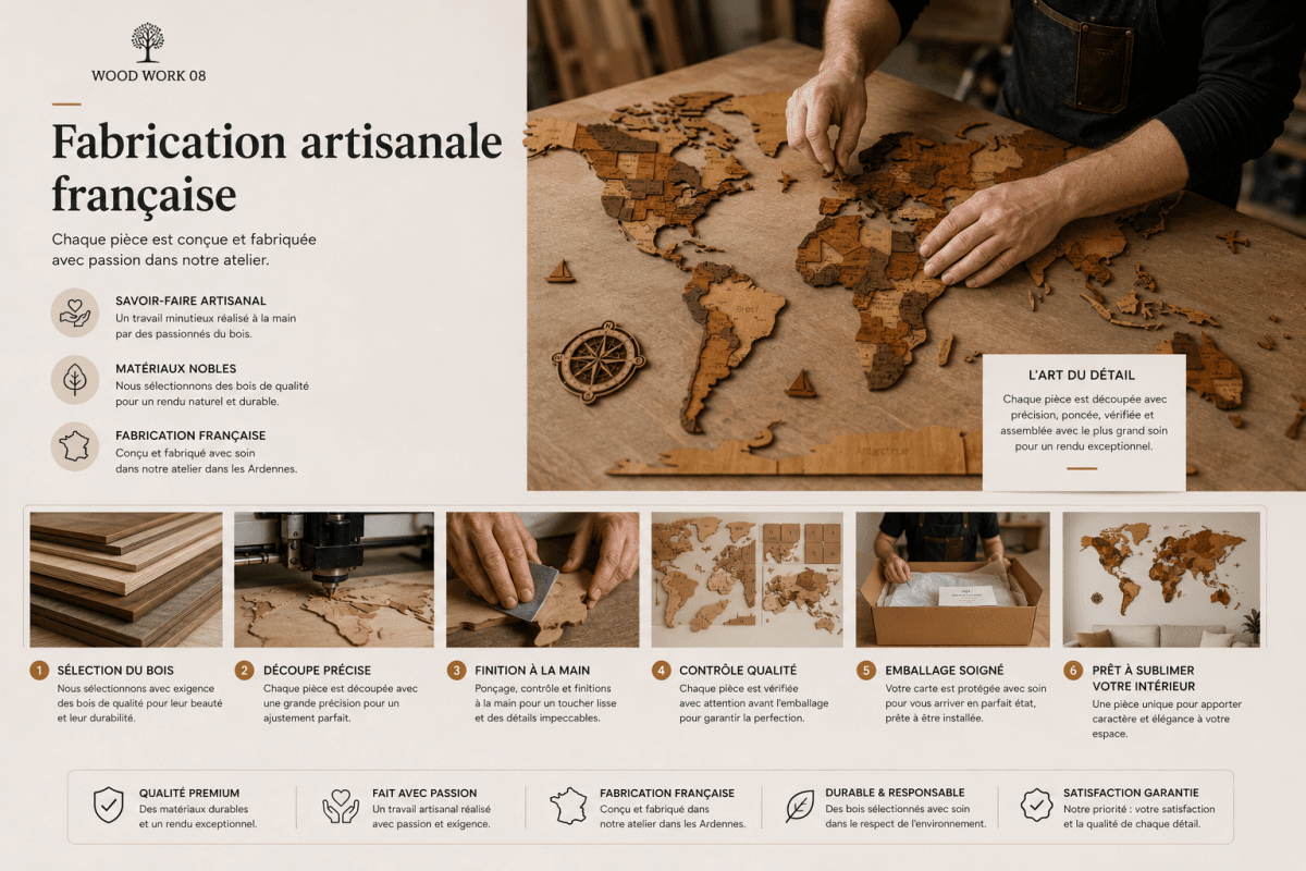Carte du monde bois gravure détaillée décoration salon haut de gamme