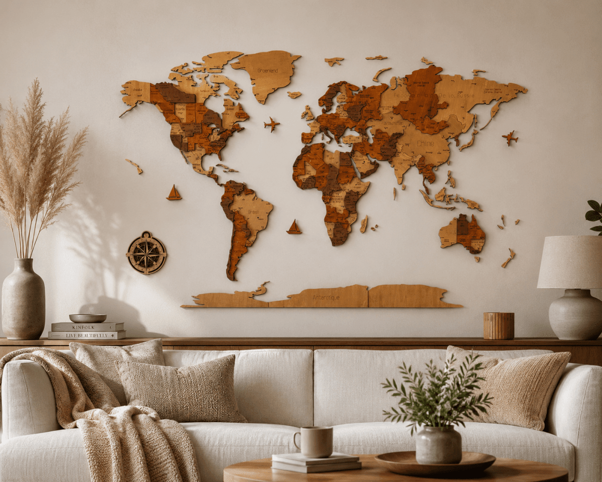 Décoration murale voyage avec carte du monde en bois
