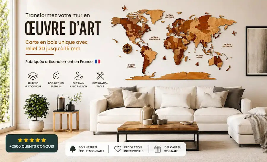 Carte du monde 3D en bois – Fabrication française