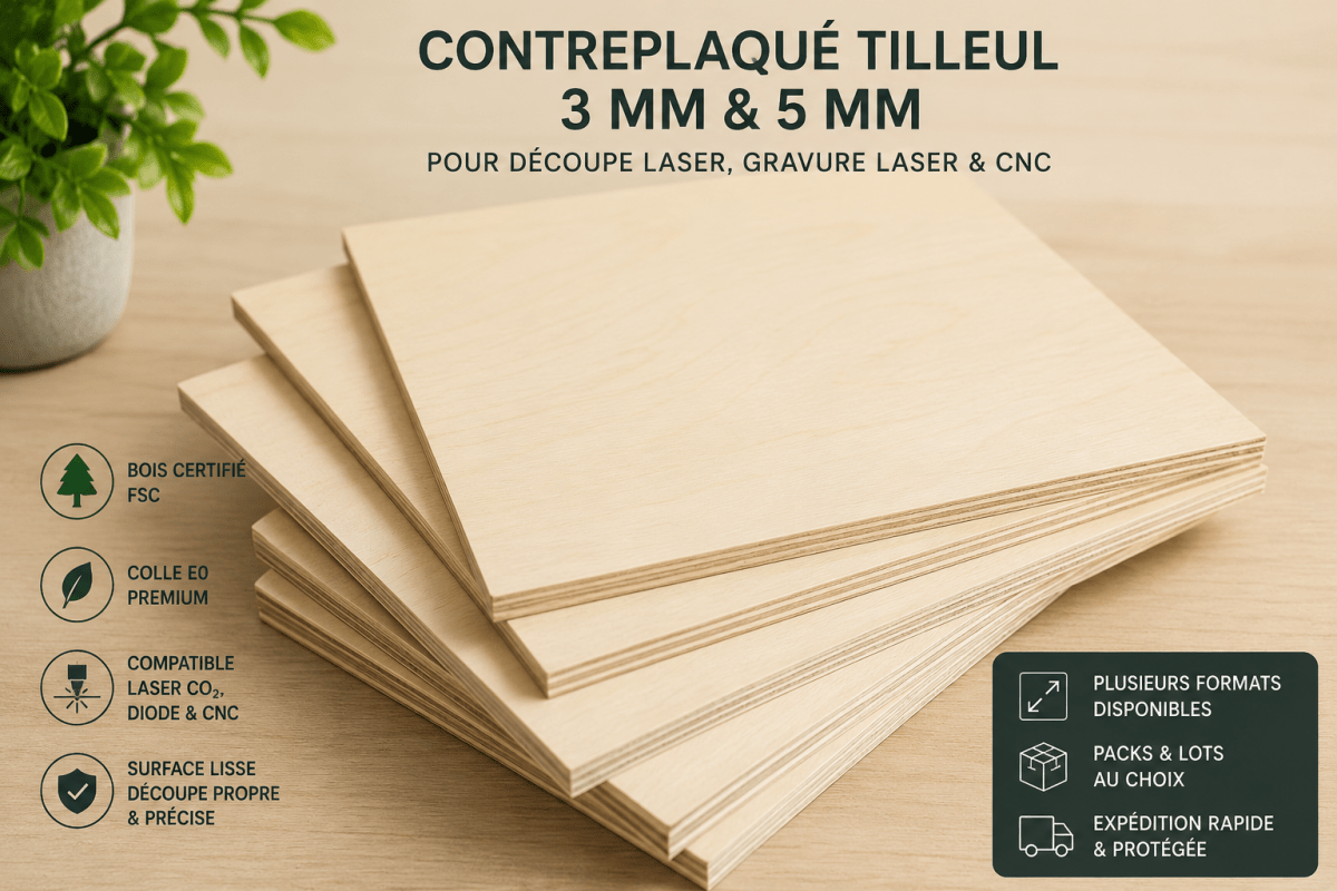 Contreplaqué Tilleul 3 mm & 5 mm pour Découpe Laser et CNC – Qualité Pro - Wood Work