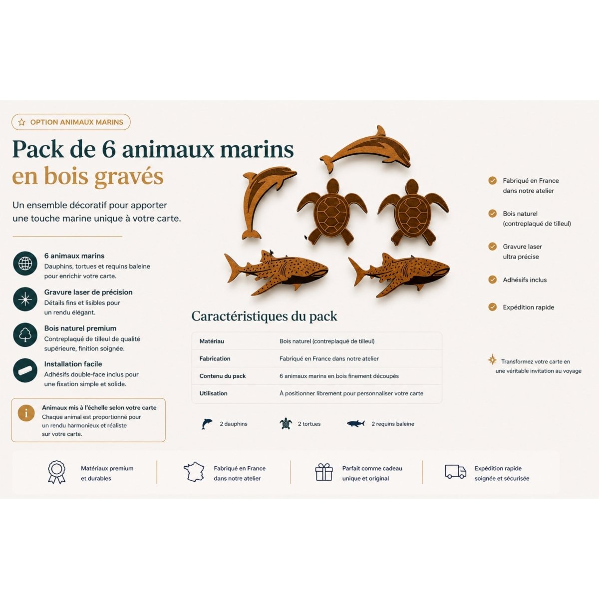 Animaux marins en bois gravés installés autour d'une carte du monde murale Wood Work